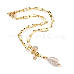 Colliers à pendentif perle keshi perle baroque naturelle, avec coeur et larme, Breloques en laiton avec zircone cubique, véritable 18k plaqué or, 17.12 pouce (43.5 cm)