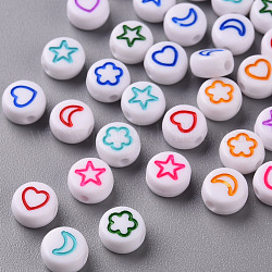White Opaque Acrylic Beads, Flat Round with Heart & Flower & Moon & Star, Mixed Color, 7x4mm, Hole: 1.6mm
