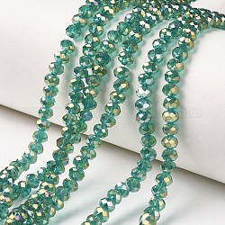 Chapelets de perles en verre transparent électrolytique, plein arc-en-plaqué, facette, rondelle, sarcelle, 6x5mm, Trou: 1mm, Environ 85~88 pcs/chapelet, 16.1~16.5 pouce (41~42 cm)