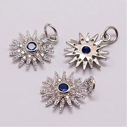 Brass Micro Pave Cubic Zirconia Charms, Flower, Lead Free & Nickel Free & Cadmium Free, Real Platinum Plated, 15x13x3mm, Hole: 3mm