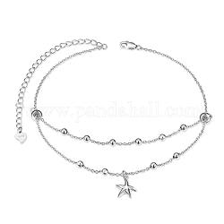 Bracelets de cheville à breloques en argent sterling plaqué rhodium Shegrace 925, bracelets de cheville, avec des chaînes de câbles et des perles rondes, étoiles de mer, platine, 8-1/4 pouce (21 cm)