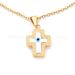 304 Stainless Steel Cross with Evil Eye Pendant Necklaces, with Enamel and Cable Chains, Golden, 45.4cm