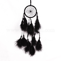 Polyester Woven Web/Net with Feather Wind Chime Pendant Decorations, with ABS Ring, Wood Bead, for Garden, Wedding, Lighting Ornament, Black, 110mm