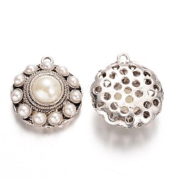 Piatta perla acrilica rotonda perline grandi ciondoli, con accessori in lega, argento antico, beige, 55x49x2.4mm, Foro: 5 mm