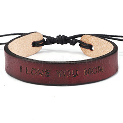 Bracelets réglables de cordon en cuir, pour la fête des mères, mot je t'aime maman, brun coco, 7-1/2 pouce (19 cm), 13mm