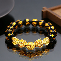 Stretcharmband aus natürlichem Obsidian und Pi Xiu, Om Mani Padme Hum Armband, golden