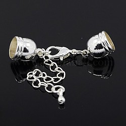 Brass Chain Extender, with Cord Ends and Lobster Claw Clasps, Silver, 35mm long, cord end: 7mm wide, 10mm long, hole: 5.5mm
