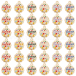 PH Pandahall 36 Stück goldener Glücksbringer, 6 Farben, inspirierende DIY-Charms, Glücksbringer-Anhänger, gravierte Motivationsanhänger für Halskette, Armband, Schlüsselanhänger, Schmuck, DIY-Geschenkherstellung, 1.5 mm Loch