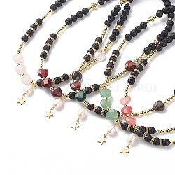 Halskette aus natürlichem Lavagestein und Edelsteinherzen, Natürliche Perle mit 304 Edelstahl-Stern-Anhänger-Halskette für Frauen, 15.51 Zoll (39.4 cm)