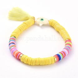 Bracelets élastiques faits à la main de perles heishi en pâte polymère, avec pampilles en fil de coton et perles de coquillage d'eau douce naturelles, paume avec le mauvais œil, jaune, 2-1/4 pouce (5.8 cm)