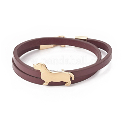 Bracelets en cuir imitation chiot, 2-boucles, avec breloques et fermoirs latéraux en alliage de chien de saucisse / teckel, or, brun coco, 14-5/8 pouce (37 cm), 5.5x2mm