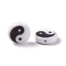 Opaque Acrylic Beads, Flat Round with Yin Yang Pattern, White, 11x3.5mm, Hole: 1.5mm