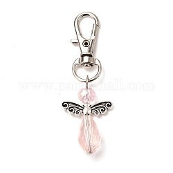 Faceted Teardrop Glass Pendants, with Faceted Glass Beads, Alloy Butterfly Beads & Swivel Lobster Claw Clasps, Iron Pins & Bead Caps, Angel, Pink, 61mm, Pendant: 32x21.5x9.5mm