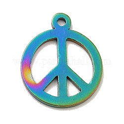 Placage ionique (ip) 201 pendentifs en acier inoxydable, Round plat avec symbole de paix, couleur arc en ciel, 14x11.5x1mm, Trou: 1mm