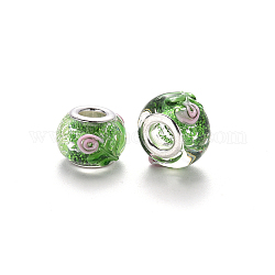 Handgemachte glasperlen murano glas großlochperlen, großes Loch Rondell Perlen, mit Glitzerpulver und platinfarbenen Messingdoppeladern, holprige Bunte Malerei, Blume, grün, 14~15x9~10 mm, Bohrung: 5 mm