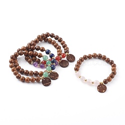 Bracelet en perles de bois et pierre, gemme mixte, avec des accessoires de bijoux en bois pendentifs ronds plats en noix de coco, diamètre intérieur: 2 pouce (5.1 cm)