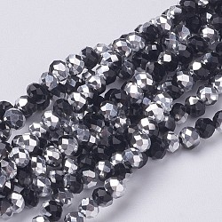 Electroplate Glass Bead Strands, Half Silver Plated, Faceted, Rondelle, Black, 4x3mm, Hole: 1mm, about 120~128pcs/strand, 16.14 inch(41cm)
