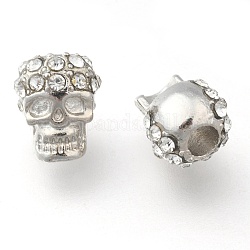Perlas de aleación de zinc, con diamante de imitación, Halloween, cráneo, Platino, 12x8mm, agujero: 3 mm