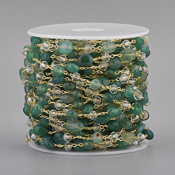 Catene di perline agata verde naturale fatte a mano, con rondelle di vetro e catenelle in ottone, placcato di lunga durata, senza saldatura, con la bobina, pepite, oro, link: 2.5x1x0.3 mm, Pietre Semipreziose: 6~12x6~6.5x4~4.5 mm, perle di vetro: 4x3 mm, circa 32.8 piedi (10 m)/rotolo
