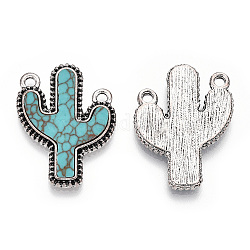 Alloy Pendants with Synthetic Turquoise, Cactus Charms, Cadmium Free & Lead Free, Antique Silver, 29x21.5x2.5mm, Hole: 2mm