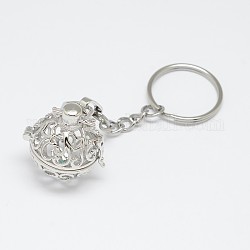 Brass Hollow Ball Cage Pendant Keychain, with Steel Split Key Rings, Lead Free & Nickel Free & Cadmium Free, Platinum, 96mm