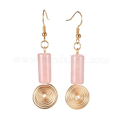 Bohemia Style Natural Rose Quartz Dangle Earrings, with Golden Plated Brass Earring Hooks & Copper Wire, Rectangle Cardboard Jewelry Box, 58mm
