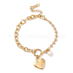 Bracciale con ciondoli cuore e perle naturali con 304 catena in acciaio inossidabile da donna, oro, 6-7/8 pollice (17.4 cm)