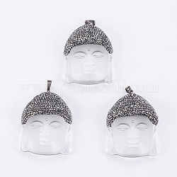 Pendentifs gros en verre, avec strass en argile polymère et accessoires en laiton , Bouddha, gunmetal, blanc, 51x39x15mm, Trou: 5x8mm