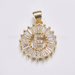 Long-Lasting Plated & Rack Plating Brass Micro Pave Cubic Zirconia Letter Pendants, Flat Round, Real 18K Gold Plated, Letter.F, 19x15.5x2.5mm, Hole: 3.5x4mm