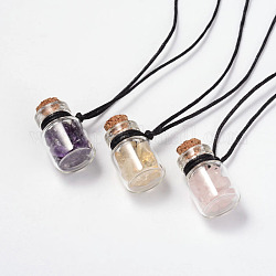 Beau design en verre réglable souhaitant bouteille pendentifs, avec cordon ciré, perles en pierre mixtes et bondes bois, 13.3 pouce ~ 26.3 pouces