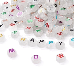 150pcs perles acryliques lumineuses, trou horizontal, plat rond avec des lettres mélangées aléatoires, couleur mixte, 10x6mm, Trou: 2mm