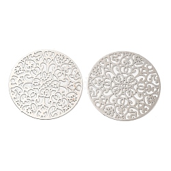 Long-Lasting Plated Brass Connector Charms, Etched Metal Embellishments, Flat Round with Flower, Platinum, 30x0.3mm, Hole: 1.5mm
