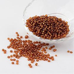 8/0 Perlas de semillas de vidrio, plata forrada agujero redondo, redondo, marrón, 3mm, agujero: 1 mm, aproximamente 1097 unidades / 50 g