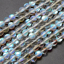 Chapelets de perles en pierre de lune synthétique, teinte, perles holographiques, demi couleur ab plaqué, ronde, blanc, 6mm, Trou: 1mm, Environ 64 pcs/chapelet, 15 pouce