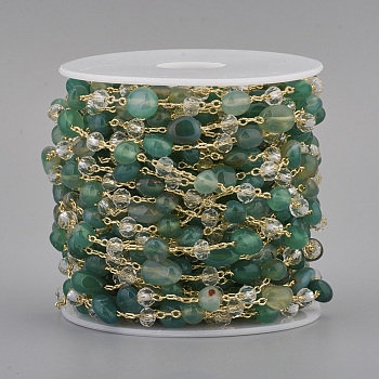 Handgefertigte natürliche Perlenketten aus grünem Achat, mit Unterlegscheibe-Glasperlen und Messingkabelketten, langlebig plattiert, ungeschweißte, mit Spule, Nuggets, golden, Link: 2x1.5x0.3 mm, Edelstein Perlen: 8x6~6.5x4~4.5 mm, Glasperlen: 4x3 mm, ca. 32.8 Fuß (10m)/Rolle