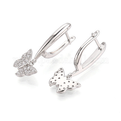 Серьги-кольца-бабочки из латуни с микропаве и прозрачным фианитом EJEW-T048-28P-1