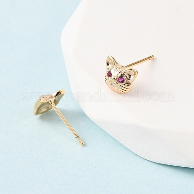 Серьги-гвоздики из латуни с микропаве из кубических цирконий в форме кошки EJEW-L278-11G-1