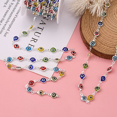 Ручной плоские круглые латунные Lampwork сглаза бисером цепи CHC-P002-01S-1