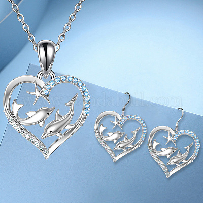 Ожерелья и серьги-подвески из сплава «сердце с дельфином» и стразами для женщин FS-WGEAD9B-01-1
