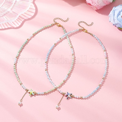 2 шт. 2 стильных ожерелья из синтетических бирюзовых морских звезд и граненых стеклянных бусин-конусов NJEW-JN05564-1