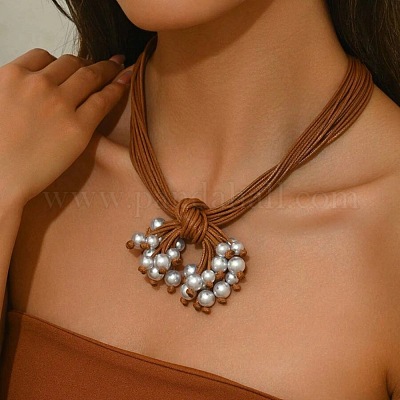 Многорядные ожерелья из вощеного шнура с круглыми пластиковыми подвесками в стиле бохо с жемчугом и смолой и цепочками на концах из сплава FS-WG9073E-01-1