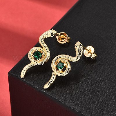 Серьги-гвоздики из латуни с микропаве из кубического циркония в форме змеи EJEW-A135-09G-1