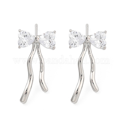 Женские серьги-гвоздики из латуни с бантом и прозрачным фианитом EJEW-S216-02B-P-1