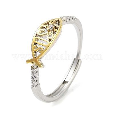 Регулируемые кольца из латуни «рыба Иисуса» с микро-паве и прозрачным фианитом RJEW-S416-04G-1