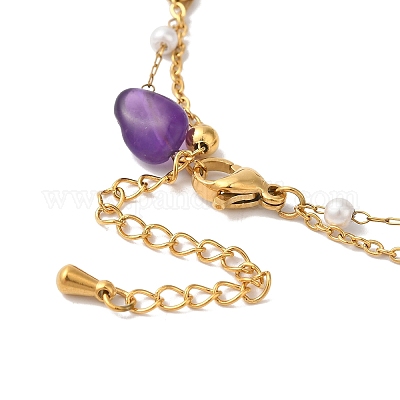 Многорядные браслеты самородки с натуральным аметистом и искусственным жемчугом BJEW-P326-02B-G-1