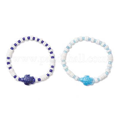 2 комплект браслетов из фарфора и стеклянных бусин ручной работы в виде черепахи BJEW-JB12654-1