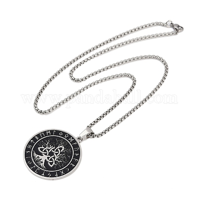Мужские ожерелья с подвеской в виде руны Древа Жизни из нержавеющей стали 201 с черной эмалью NJEW-K283-27P-1
