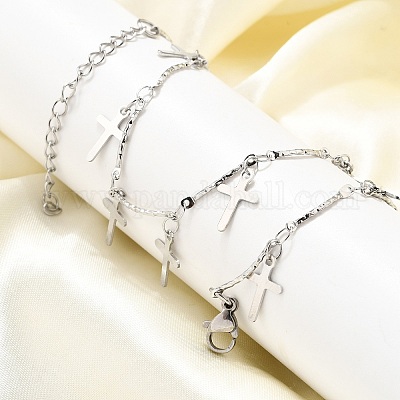 Ожерелья из текстурированной нержавеющей стали 304 с подвесками-кисточками в форме креста NJEW-R023-01P-1