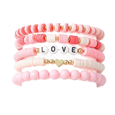 5 шт. 5 стильных браслета со словом любовь из акрила и латуни в форме сердца и полимерной глины BJEW-TA00314-1