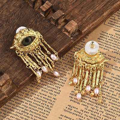 Серьги-гвоздики с кисточками из сплава стразов и пластикового искусственного жемчуга EJEW-A122-01G-1